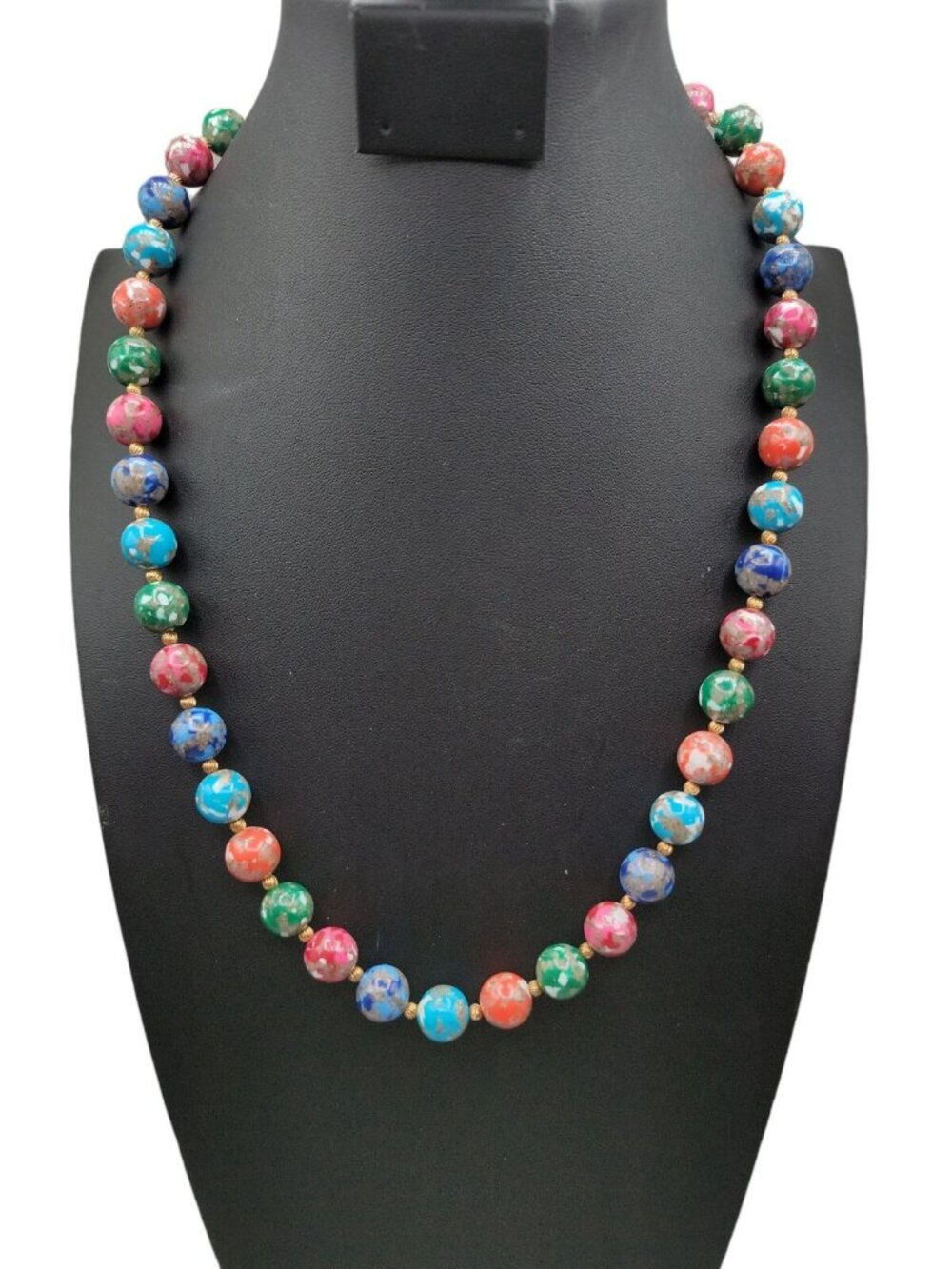 Vintage Murano Glass Bead Necklace Multicolor Mosaic Aventurine 11.5mm Beads 24" - Picture 3 of 9